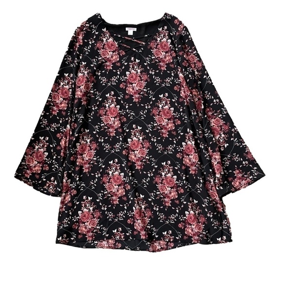XHILARATION Black and Dusty Rose Floral Bell Sleeve Dress - Picture 1 of 6